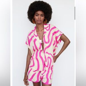 Mango Pink and White Printed Shirt and Shorts Set